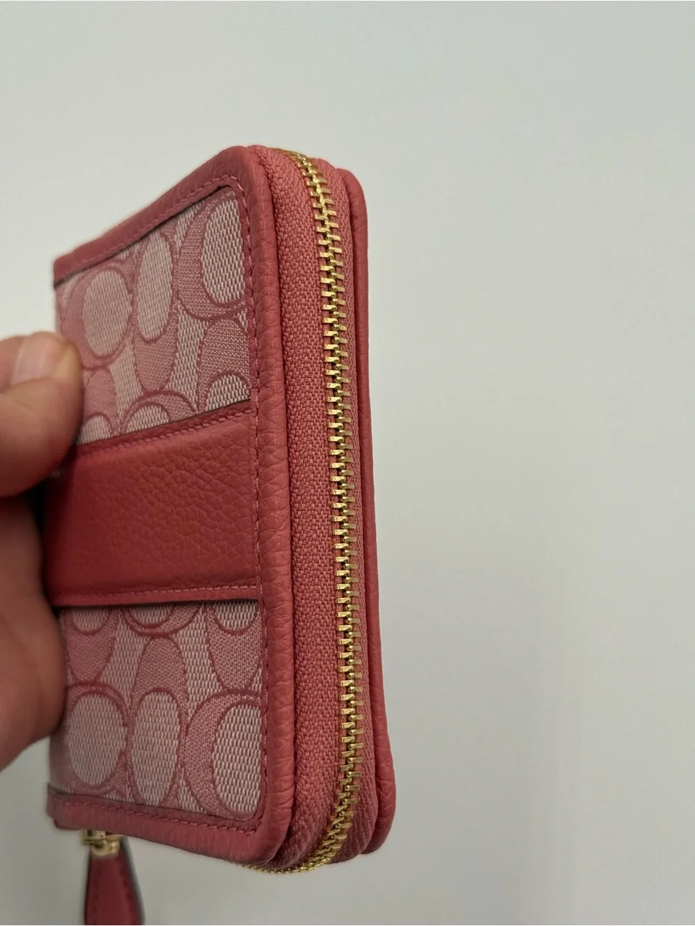 Coach Pink Signature Compact Zip Wallet with Gold Accent
